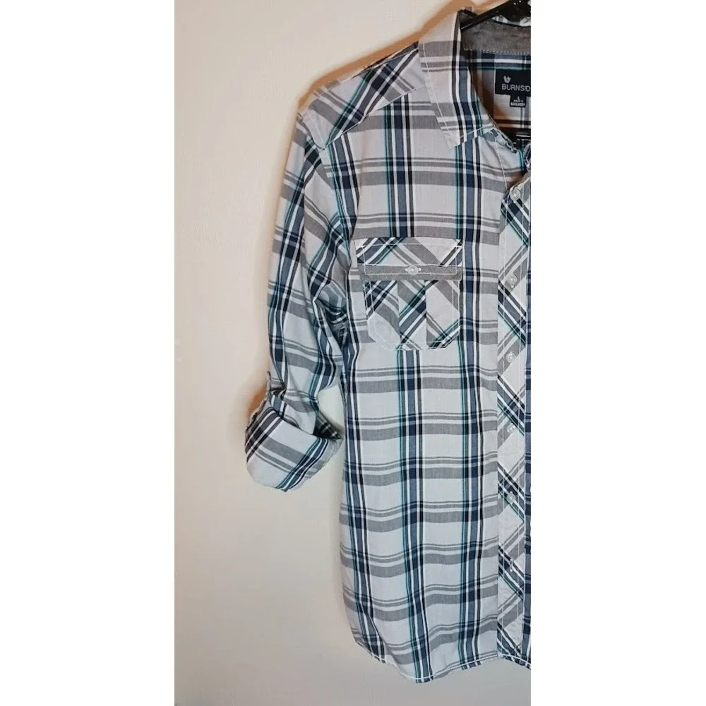 Burnside Cowboy Button Down Front Pockets Size Large White Blue Gray Cotton Poly